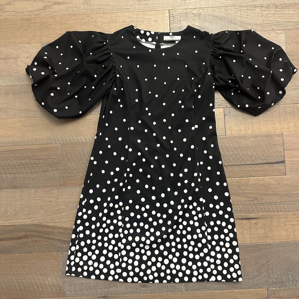 Hilary Radley trapeze Dress VTG Small Black Stretchy Puff Sleeve Polka Dot 80s